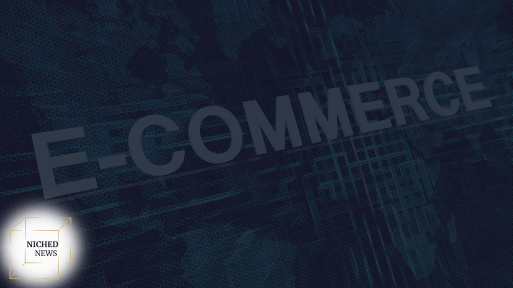 Dark blue digital background with the word E-COMMERCE layered over a futuristic tech grid