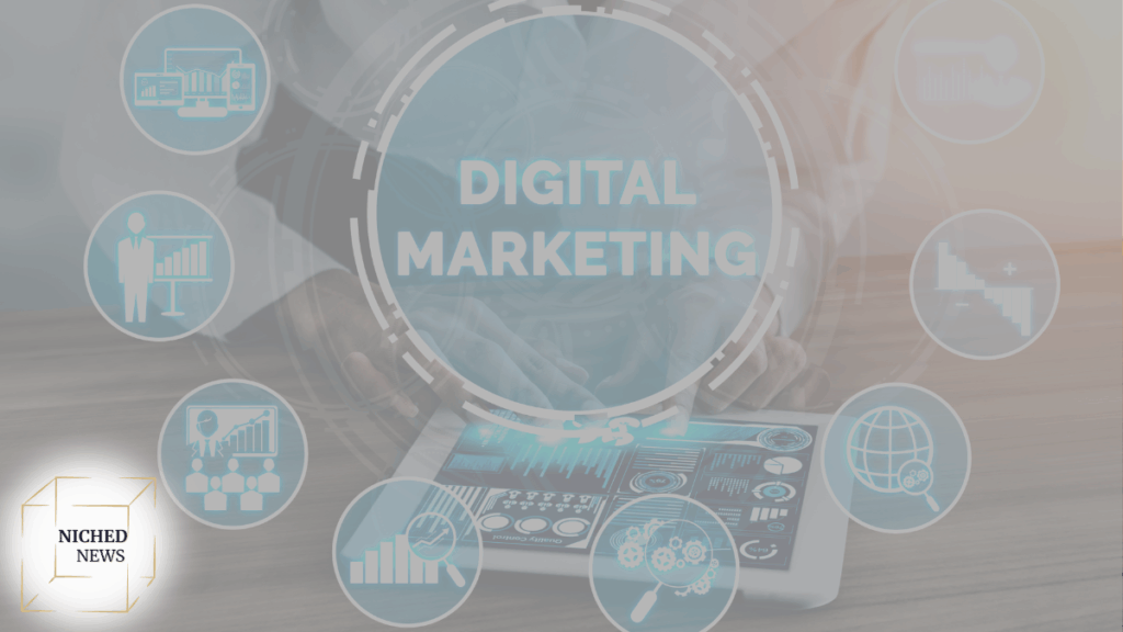 Tablet screen displaying digital marketing analytics surrounded by futuristic blue data icons