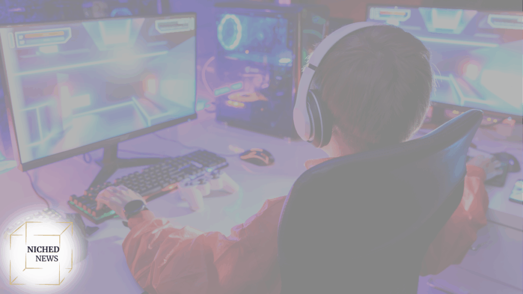 Young gamer wearing headphones playing immersive video game on dual monitors