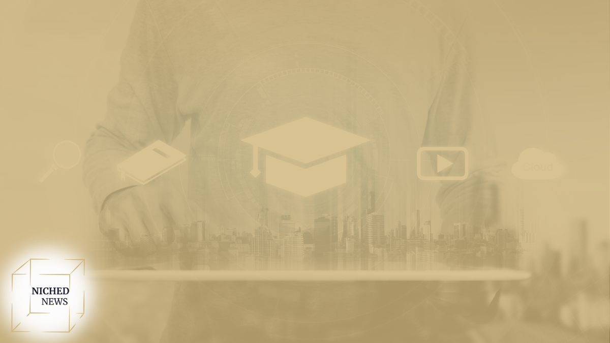 Digital education icons floating over city background